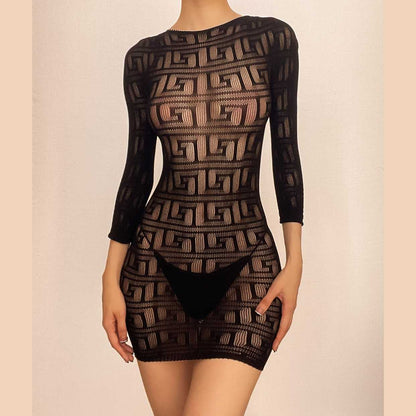 Fishnet see through long sleeve hollow out mini dress