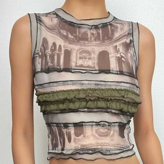 Top senza maniche a contrasto con volant a righe e patchwork in rete 