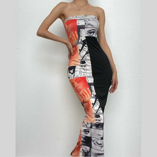 Abstract Print Contrast Patchwork Backless Slit Tube Maxi Dress