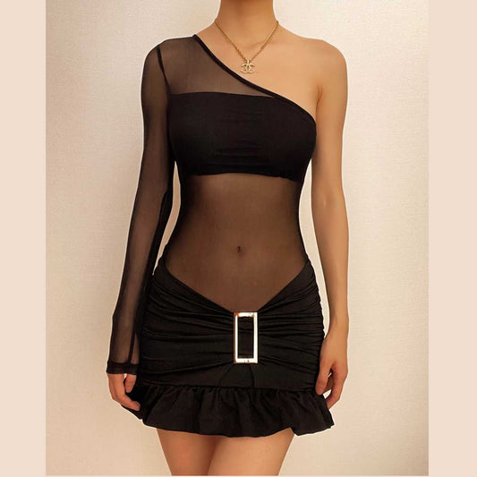 Minikleid aus Netzstoff mit unregelmäßiger Rüschenpartie und One-Shoulder-Träger