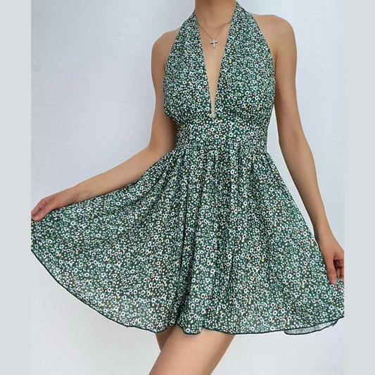 Rückenfreies, gerüschtes Minikleid mit Blumenmuster und kontrastierendem Neckholder und V-Ausschnitt zum Selbstbinden