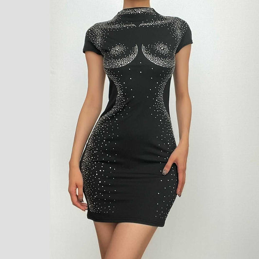 Kurzärmliges, hochgeschlossenes, einfarbiges Minikleid mit Rundhalsausschnitt und Perlen 