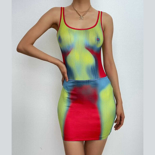 Body pattern contrast sleeveless square neck bodysuit mini skirt set