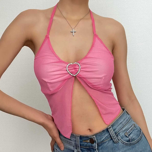 Solides Neckholder-Crop-Top aus transparentem Netzstoff mit Schnalle und Rüschen 