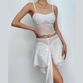 Mesh ruffle irregular u neck backless bowknot patchwork cami mini skirt set