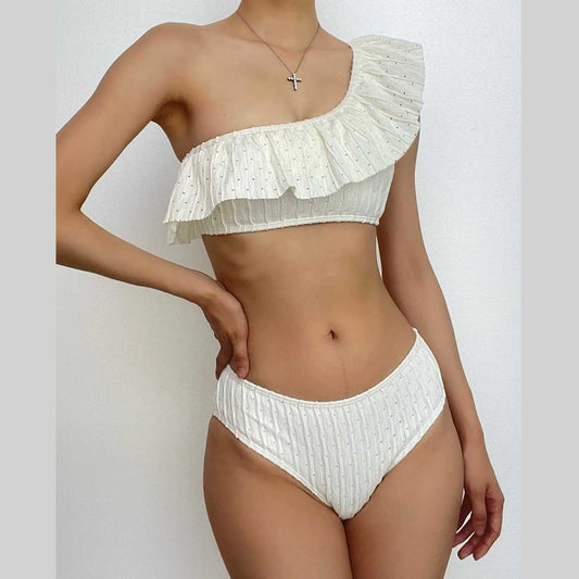 Costume da bagno bikini monospalla testurizzato con volant