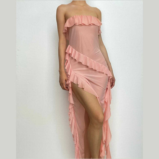Rückenfreies Midi-Tube-Kleid mit Rüschen, Schlitz und unregelmäßigem Saum 