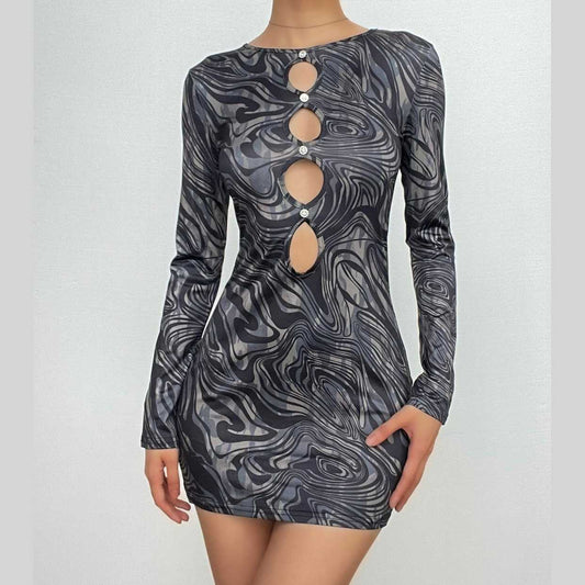 Minikleid mit Knopfleiste, langen Ärmeln, Rundhalsausschnitt, gewelltem Kontrast 