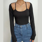 Body a maniche lunghe con scollo all'americana e coste unite 