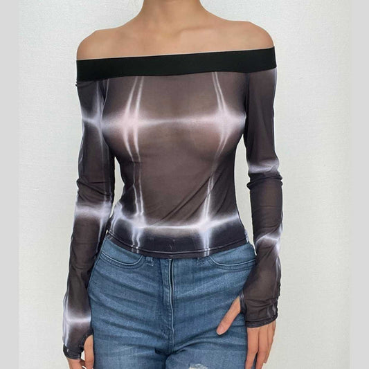 Tie dye contrast off shoulder long sleeve gloves sheer mesh see through top