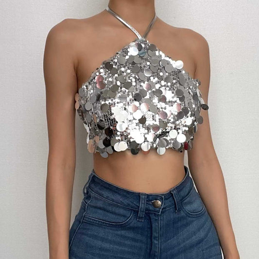 Top corto testurizzato con schiena scoperta e lacci regolabili con glitter 