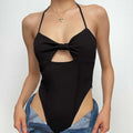 Halter self tie hollow out flower applique backless bowknot bodysuit