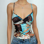 Abstract Print Ruched Contrast V Neck Backless Cami Crop Top