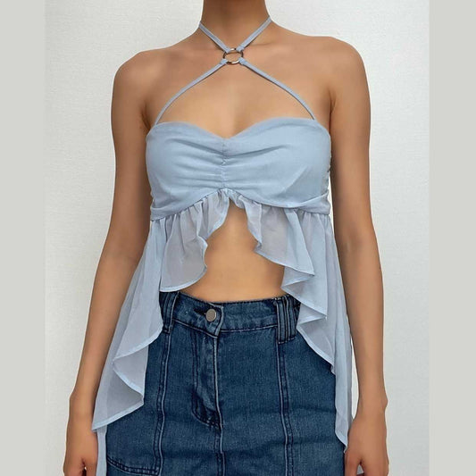 Chiffon-Rüschen-O-Ring-Rüschen-Neckholder-Crop-Top mit rückenfreiem Knopf