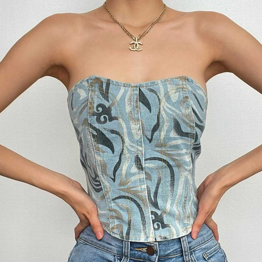 Top in denim senza schienale con scollo a cuore e cuciture a contrasto 