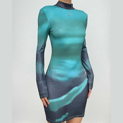 Hochgeschlossenes, langärmliges, rückenfreies Minikleid mit Farbverlauf zum Selbstbinden 