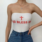 Top a tubino senza maniche con stampa di lettere a contrasto e schiena scoperta 