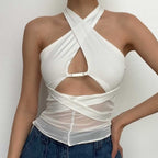 Sleeveless solid hollow out cross front mesh crop top