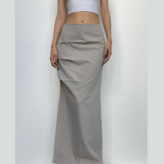 Ruched solid zip-up slit cargo maxi skirt