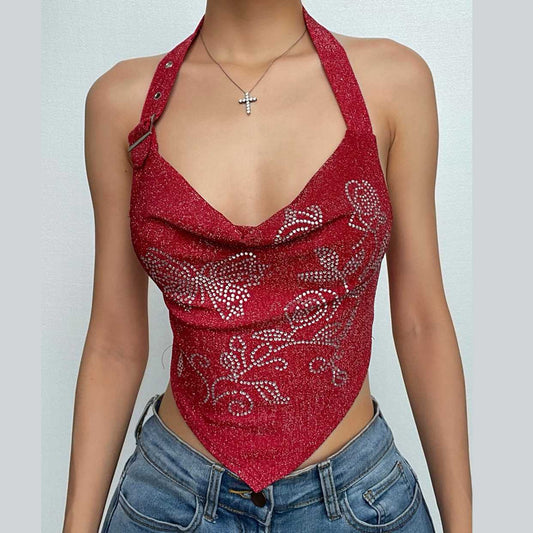 Beaded cowl neck button halter backless contrast crop top