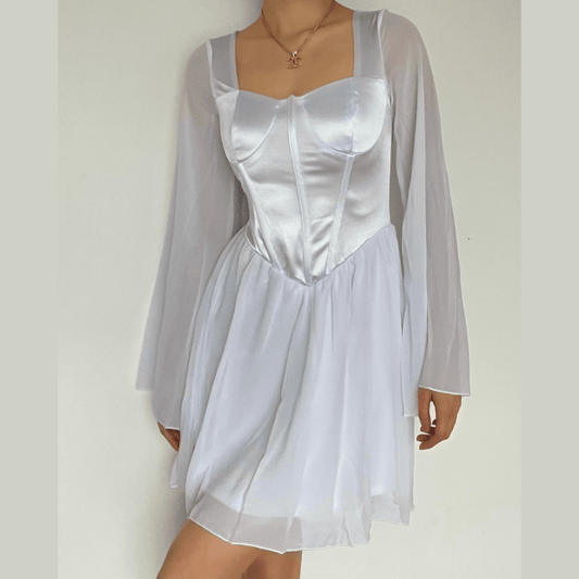 Satin-Korsett-Kleid mit langen Ärmeln aus Netzstoff – Schlussverkauf 