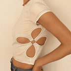 Hollow out ring crewneck short sleeve ribbed top - Final Sale