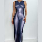 Body pattern contrast sleeveless crewneck maxi dress