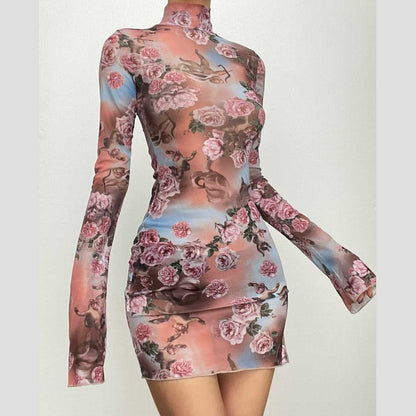Flower print long sleeve slit sheer mesh see through high neck mini dress