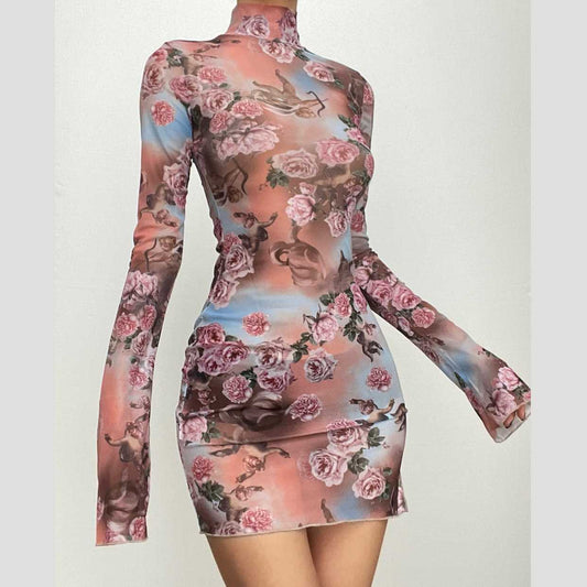 Minikleid mit Blumenmuster, langen Ärmeln, Schlitz und transparentem Netzstoff, hohem Halsausschnitt 