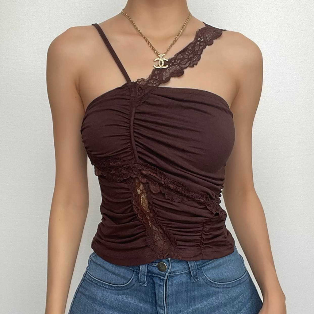 Irregular ruched lace hem solid backless top