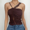 Irregular ruched lace hem solid backless top