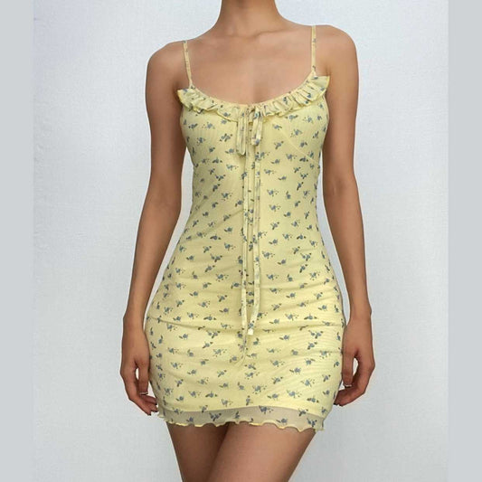 Gerafftes Mesh-Rüschen-Minikleid zum Selbstbinden mit Blumenmuster