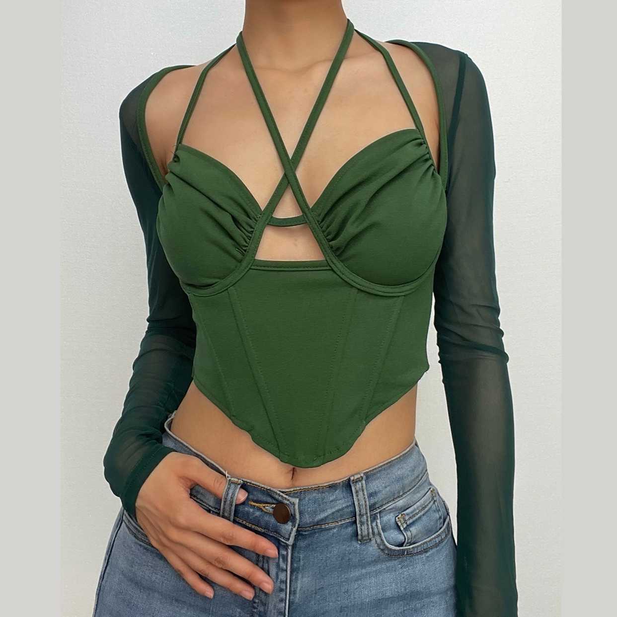 Top corto con corsetto in rete traforata e maniche lunghe - Saldi finali 