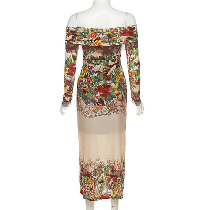 Schulterfreies, langärmliges, gerüschtes Midikleid mit Blumenmuster und Kontrastreißverschluss aus Netzstoff 