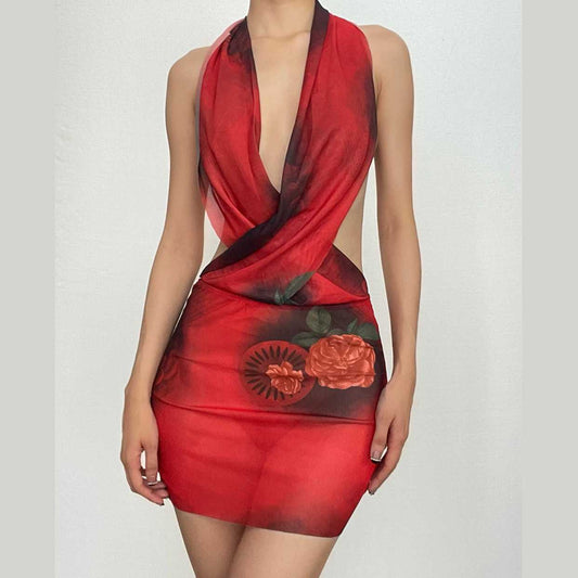 Transparentes, rückenfreies Minikleid aus transparentem Netzstoff mit gekreuzter Vorderseite und tiefem Ausschnitt 