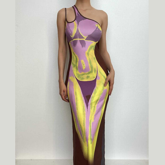Maxikleid mit One-Shoulder-Träger, Body-Print, ausgehöhlten Kontrasten und unregelmäßigen Schlitzen 
