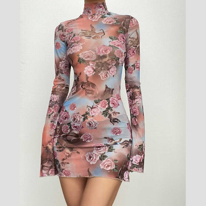 Flower print long sleeve slit sheer mesh see through high neck mini dress