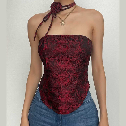 Top a tubino con stampa di rose, cerniera e applicazione di fiori a contrasto 