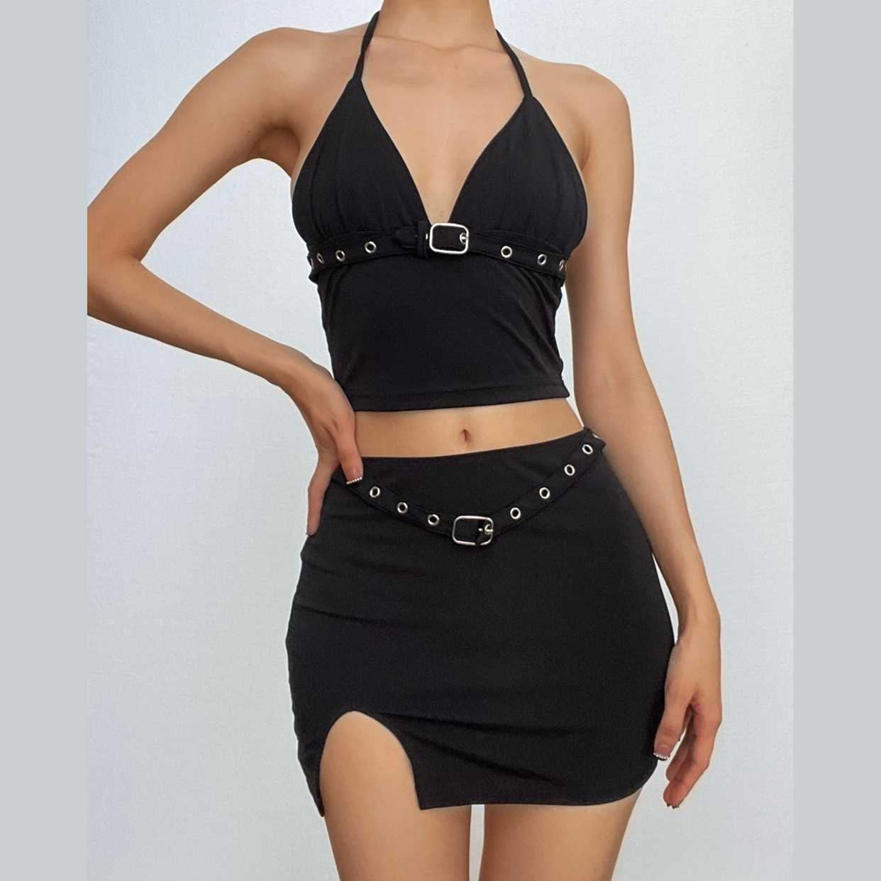 Buckle halter ruched slit v neck self tie backless mini skirt set