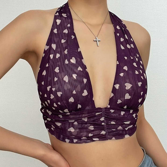 Neckholder-Crop-Top zum Selbstbinden mit kontrastierendem V-Ausschnitt, gerafftem Herz-Print