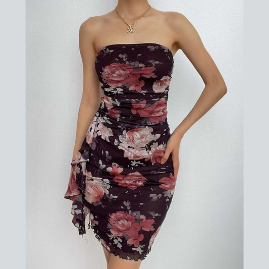 Rückenfreies Mini-Tube-Kleid aus Netzstoff mit Blumenmuster und kontrastierenden Rüschen 