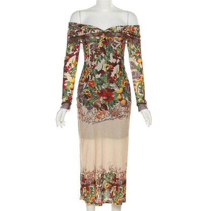 Schulterfreies, langärmliges, gerüschtes Midikleid mit Blumenmuster und Kontrastreißverschluss aus Netzstoff 