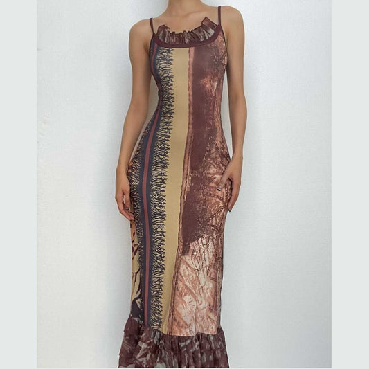 Abstract Ruffle Contrast Ruched Cami Maxi Dress