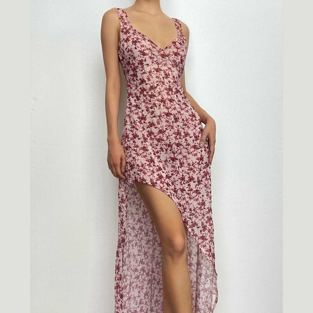 Abito lungo senza maniche con scollo a V e schiena scoperta a contrasto con stampa floreale in chiffon 