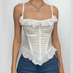 Square neck lace hem backless ruched corset solid cami top