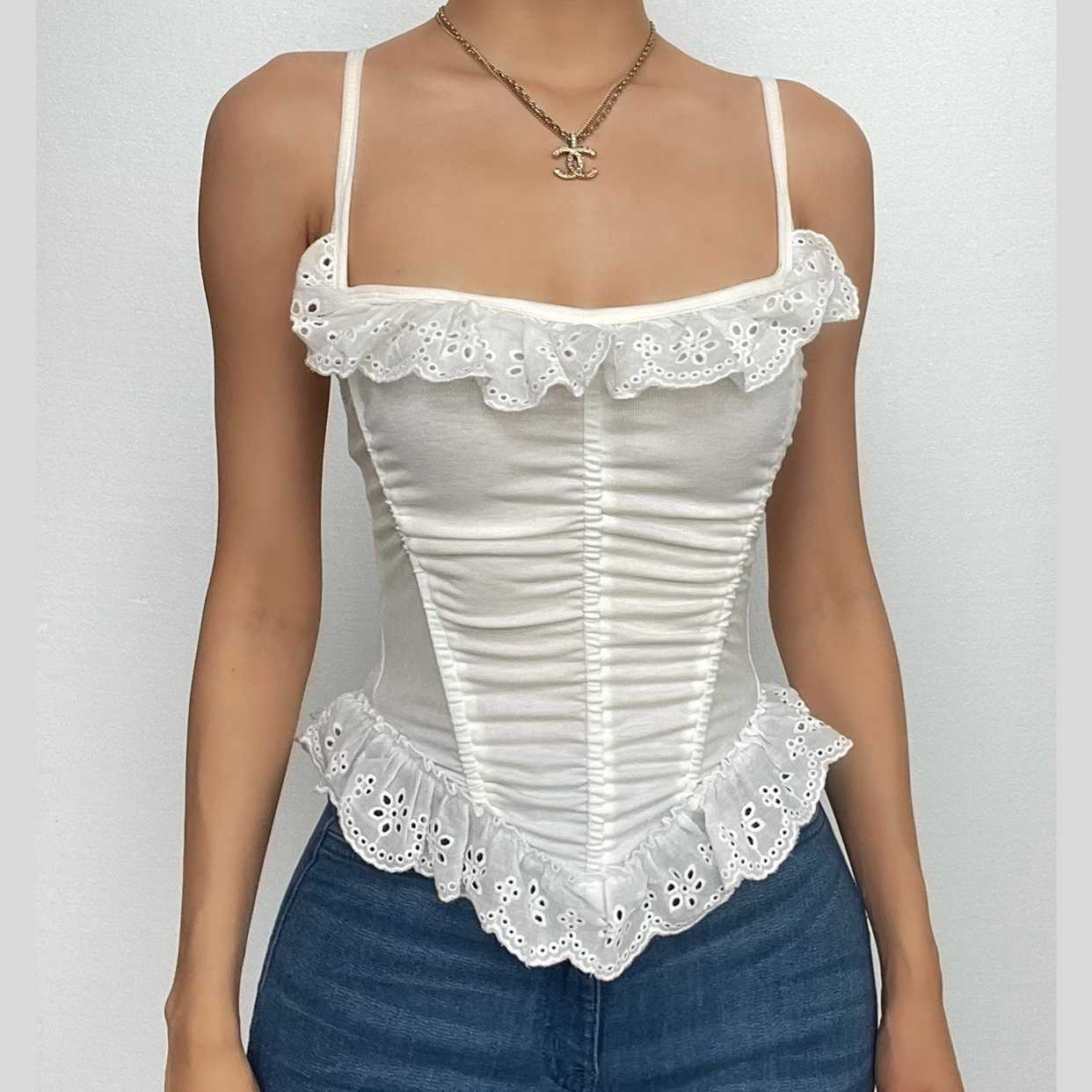 Square neck lace hem backless ruched corset solid cami top