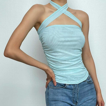 Sheer mesh see through cross front solid halter backless top