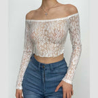 Off shoulder long sleeve lace see through solid crop top
