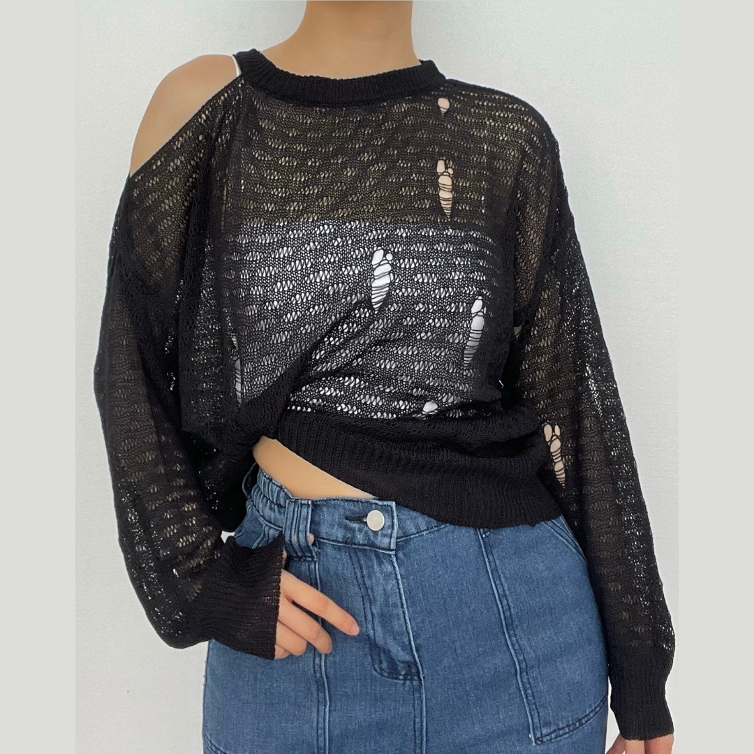 Off shoulder see through irregular long sleeve crochet top - Final Sale