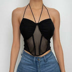 Halter self tie mesh backless ruched corset solid crop top